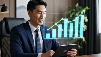 Smiling businessman analyzing growth chart on digital tablet - Powered by Adobe