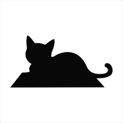 Black silhouette of a cat resting on a geometric base white animal