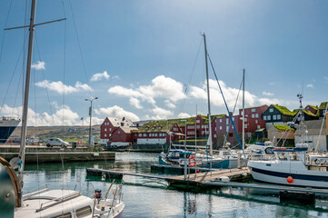 Fototapeta premium Top view, green hills at Danish Faroe Islands 2022