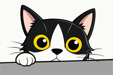 Black and white cat with big yellow eyes peeking over a grey surface kitten