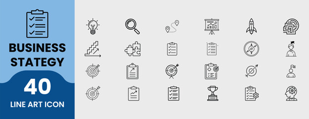 Business Strategy Line Art Icons. 40 Professional Thin Line Icons Featuring Goal Setting, Growth Plan, Market Research, Target, Analysis, Checklist, Leadership Productivity. Vector Illustration