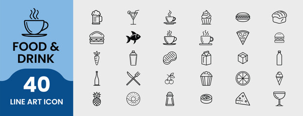 30 Food and Drink Line Icons. Coffee, Burger, Pizza, Cupcake, Juice, Wine, Fruits, Snacks, and Beverages. Vector Outline Icons for Restaurant or Cafe.