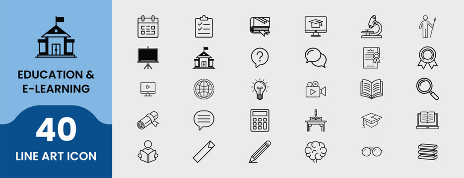 Education & E-learning Line Art Icons. School, Online Class, Graduation, Learning, Knowledge, Research, Study, and Teaching Icons for Web, App, and Digital Media.