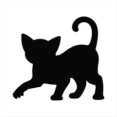 Black silhouette of a playful kitten with a raised paw and curled tail white
