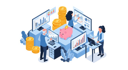 Isometric vector illustration of business people analyzing financial data and managing money with computers, charts, and a piggy bank. Financial planning, investment, and wealth management concept.