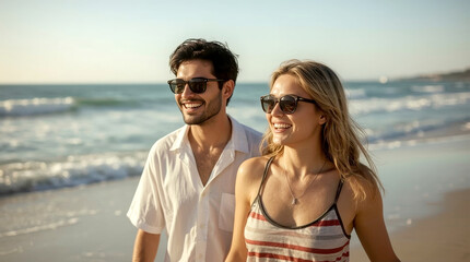 Fototapeta premium Smiling young couple walking on beach, happy, multi-ethnic couple with sunglasses enjoys a sunny day at the beach, walking along the shoreline with the ocean waves gently breaking in the background.