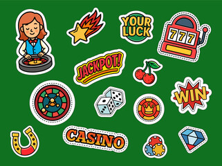 Bright casino icons in cartoon style: roulette and slot, jackpot, dice and cherries, win, chips