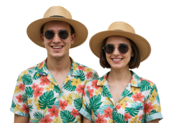 Happy tourist couple in summer clothes on transparent background