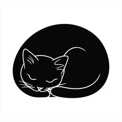 Black silhouette of a sleeping cat curled up on a white background vector 1