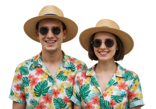 Happy tourist couple in summer clothes on transparent background 
