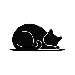 Black silhouette of a sleeping cat curled up on a white background vector