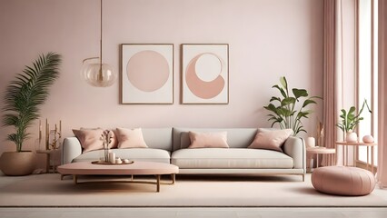 Modern Pink Living Room Interior Design with Abstract Art