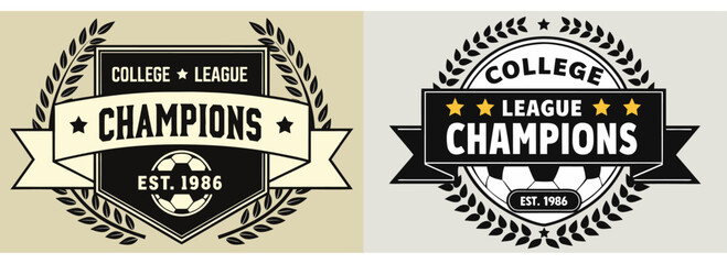 Retro-style college league champion soccer badge design featuring laurel wreath, bold typography, football icon, and ribbon for team victory recognition