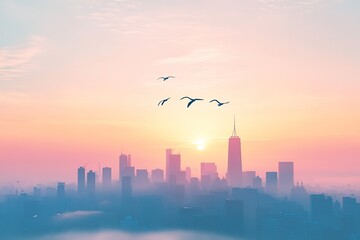 Fototapeta premium peaceful morning cityskyline with birds flying overhead