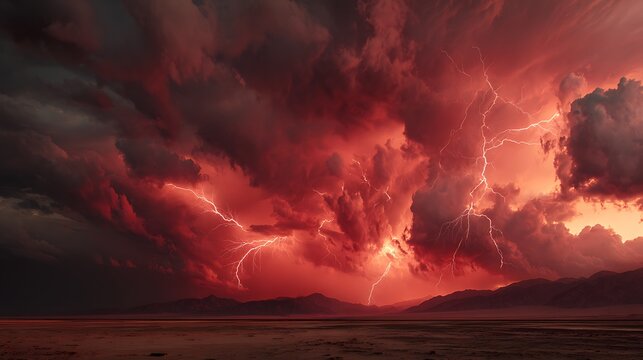 Dramatic red storm clouds with lightning strikes over a dark landscape at dusk or dawn time