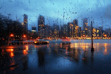 rainy evening cityskyline with reflections on wet streets