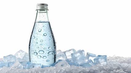Refreshing water bottle sits among ice cubes, highlighting hydration and cool refreshment for...