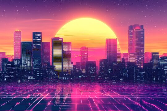 retro 1980s cityskyline with synthwave colors