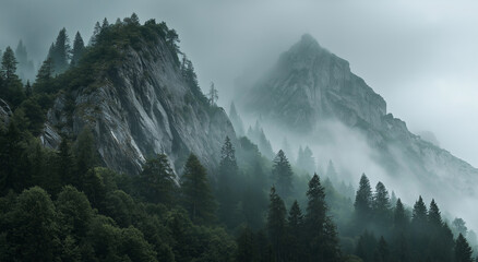 Epic misty mountain landscape with towering jagged peaks, dense evergreen forest covering the slopes, layers of fog drifting through the valleys, dramatic moody lighting breaking through the clouds