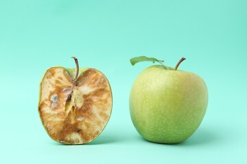 Spoiled apple and good ones on turquoise background