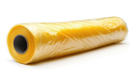 Rolled up, yellow plastic wrap on a white background.
