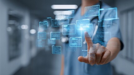 Fototapeta premium Medical professional wearing stethoscope pointing at holographic data files and folders floating in the air with blurred hospital corridor background, concept of smart health information system