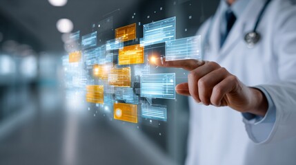 Medical professional wearing stethoscope pointing at holographic data files and folders floating in the air with blurred hospital corridor background, concept of smart health information system