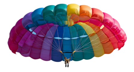 Colorful Parachute with Person Falling from Sky in Bright Day