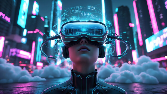 Futuristic person wearing virtual reality headset in neon city neon lights technology - Powered by Adobe
