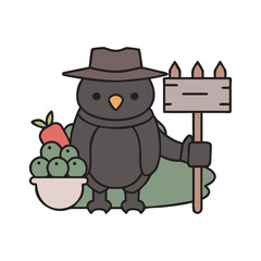 Farmer Owl With Pitchfork And Vegetables