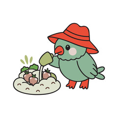 Parrot Holding Watering Can In Garden Scene