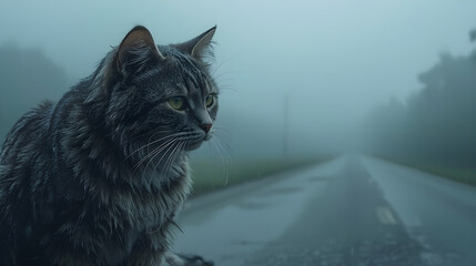 Stray Cat in Rain on Roadside Guardrail with Foggy Background