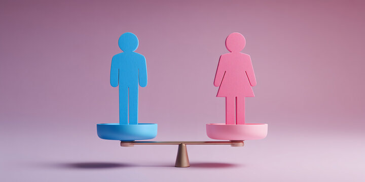 Mann und Frau auf einer Waage. Symbol f&uuml;r Gender Equality, Balance, soziale Gerechtigkeit, Parit&auml;t, Chancengleichheit und Gleichberechtigung. F&uuml;r mehr Fairness
