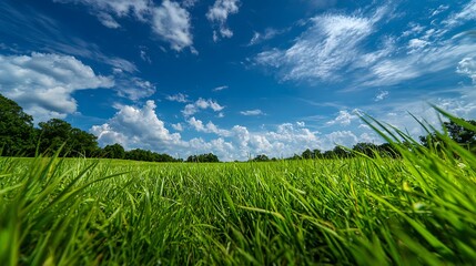 A low angle view of a grassy field under a bright blue sky with scattered white clouds on a sunny day