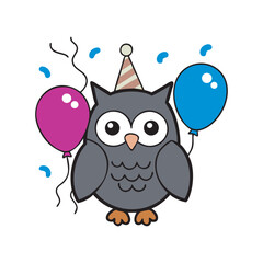 Birthday Owl Holding Balloons And Wearing Hat