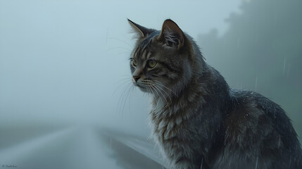 Stray Cat in Rain on Roadside Guardrail with Foggy Background