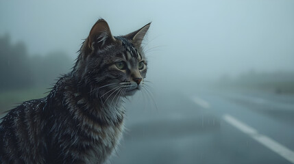 Stray Cat in Rain on Roadside Guardrail with Foggy Background
