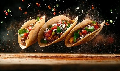 Three tacos filled with vibrant toppings are artfully displayed, seemingly floating above the surface with spices scattered, depicting joy and creativity. 