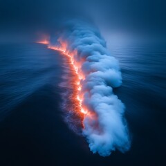 Glowing lava flows into the ocean, creating a dramatic plume of smoke and steam