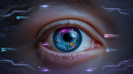 Closeup of a futuristic eye with digital scan overlay.
