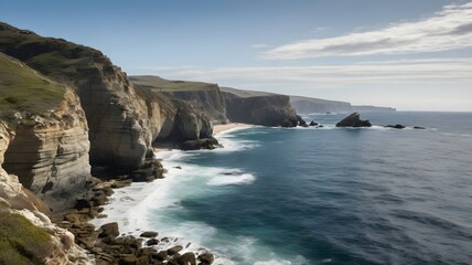 Dramatic Coastal Cliffs and Ocean Waves Under a Clear Sky