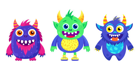 Cute Cartoon Monsters Set in Bright Colors. Monsters with horns in flat style, perfect for kids products, games, party invitations, stickers, posters, storybooks, mobile apps. Vector illustration