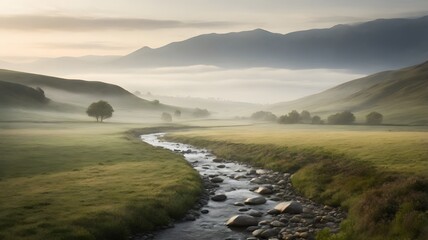 Misty Mountain Valley Stream at Dawn