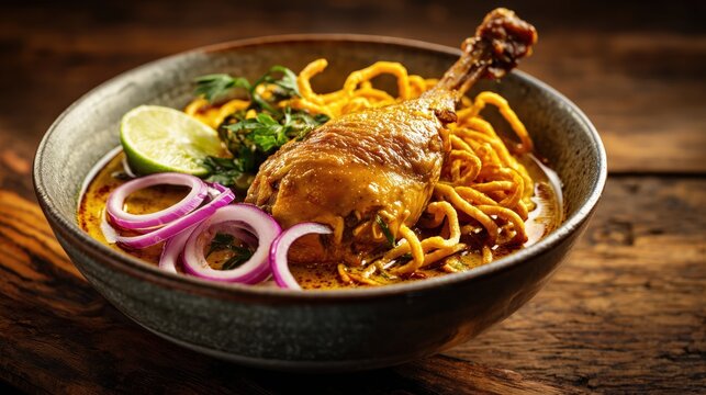 Khao Soi Noodle Soup: A flavorful bowl of northern Thai khao soi featuring chicken thigh, egg noodles, and rich coconut curry broth, garnished with lime and onion.