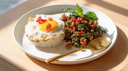 Pad Krapow Basil with Fried Egg Meal: A vibrant and delectable Thai dish, showcasing a perfectly fried egg alongside fragrant basil, minced meat, chili peppers, and fluffy rice.