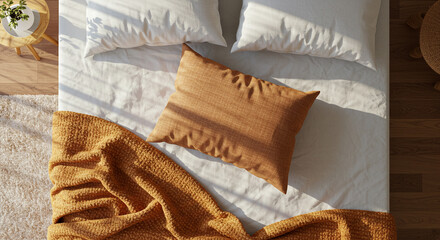 Cozy bedroom scene with sunlight streaming through window onto bed