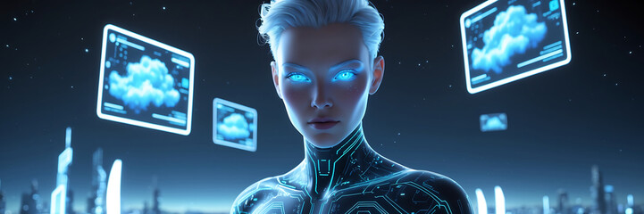 Futuristic woman with glowing blue eyes surrounded by digital clouds android artificial intelligence