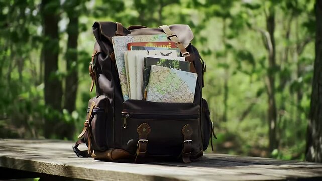 A Vintage Leather Backpack Full of Maps and Books in a Lush Forest Setting, An Adventurer's Backpack Overflowing with Travel Guides, Ready for Exploration