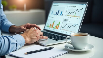 Professional using tablet with financial charts and educational content at modern workspace desk with coffee and notebook, e-learning concept