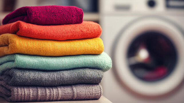 colorful folded clothes stacked in front of washing machine — ideal for use in laundry service promotions, cleaning product advertisements, home organization blogs, or household care visuals
